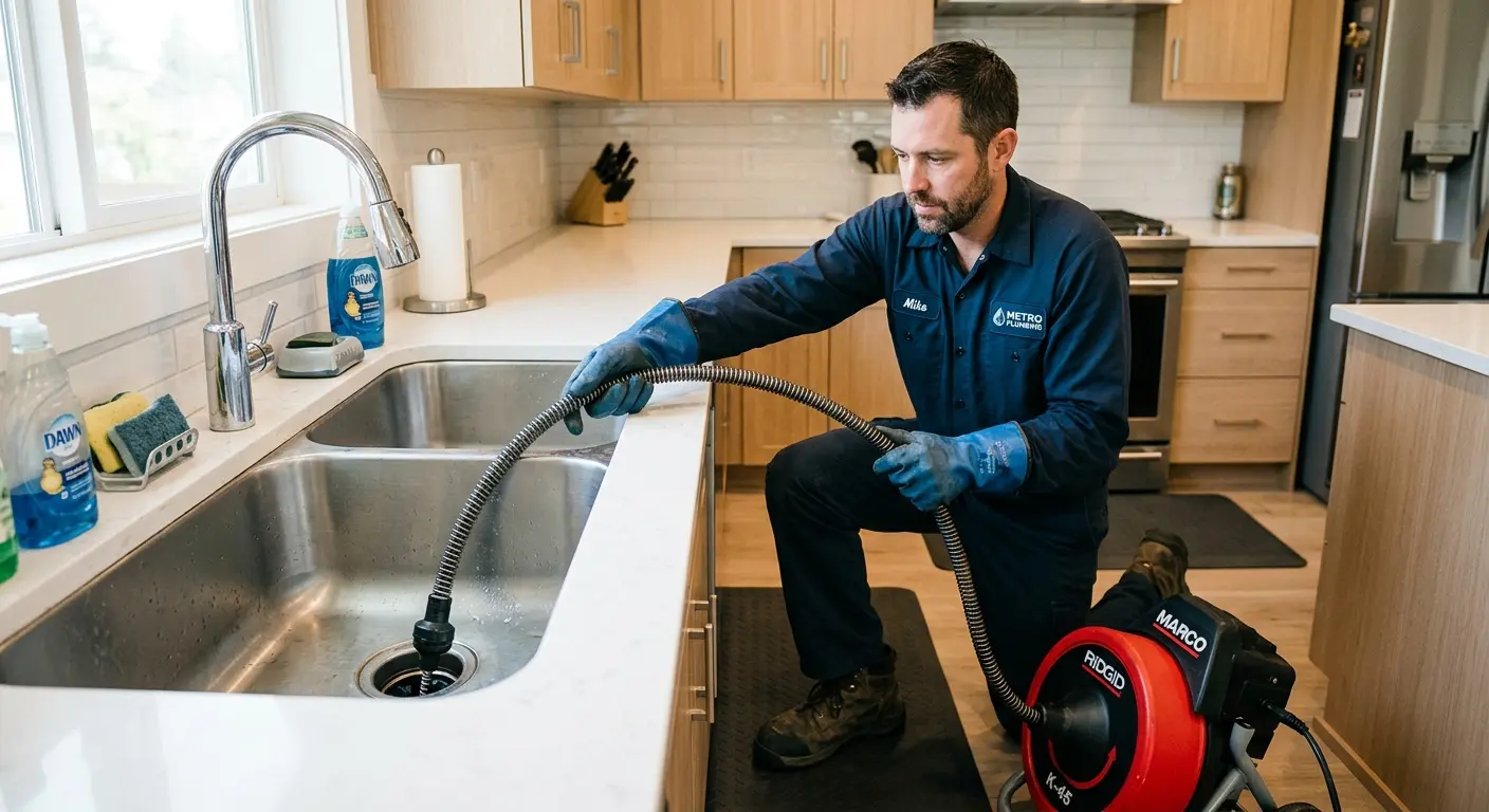 Drain cleaning technician using a motorized snake on a kitchen sink in Keystone