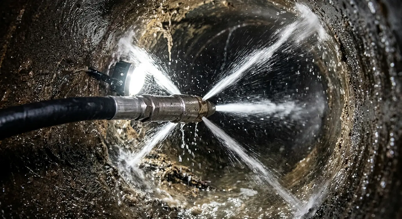 High-pressure hydro jetting nozzle cleaning sewer pipe for Trenchless Sewer Repair in Keystone