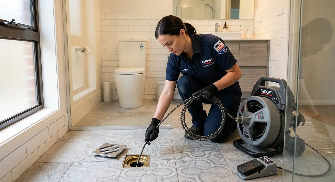Technician clearing a bathroom floor drain for Drain Cleaning in Keystone